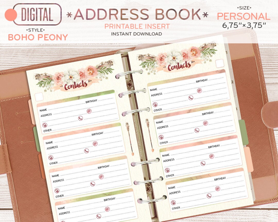 Address Book, PERSONAL Size, for Planner, Contacts Printable Page ...