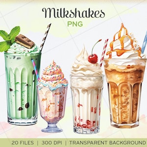 Milkshakes-illustraties, PNG&#39;s, ijs, koude dranken, matcha-ijsdrank, muntmilkshake, transparante achtergrond, instant download. 0015TS