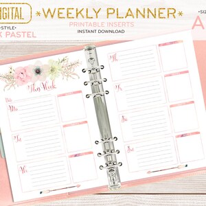 A5 Weekly planner, printable pages, organizer inserts, half size digital watercolor florals boho girly, instant download 002OR B PINK pastel