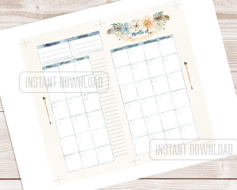PERSONAL Size Monthly Planner, Printable Pages, Month per 2 Pages, to ...