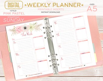 A5 Wochenplaner, Einsätze druckbare Seiten Filofax halbe Größe digitale Aquarell Boho mädchenhaft Sonntag Start sofort-Download 002OR B rosa Pastell