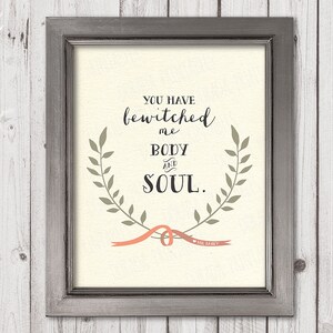 Pride and Prejudice quote, Mr Darcy quote, Jane Austen, laurels, ribbon, love art print, printable art, you have bewitched me, download