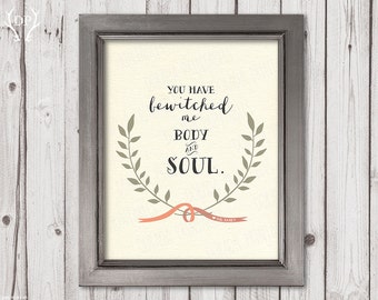 Pride and Prejudice quote, Mr Darcy quote, Jane Austen, laurels, ribbon, love art print, printable art, you have bewitched me, download