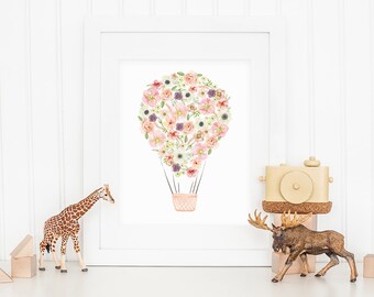 Vintage floral hot air balloon, pastel pink creamy, flowers peonies roses anemones, nursery decoration, wall art, printable digital file 171