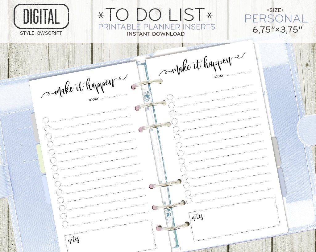 PERSONAL Size to Do List Planner Insert, Black and White Page Printable ...