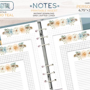 May include: Digital printable planner inserts in Boho Teal style. The inserts include grid, dotted, and lined pages. Each page is decorated with floral and feather accents. The size is 17.15 cm x 9.53 cm. The text on the image says "*NOTES* PRINTABLE INSERT INSTANT DOWNLOAD GRID | DOTTED | LINED".