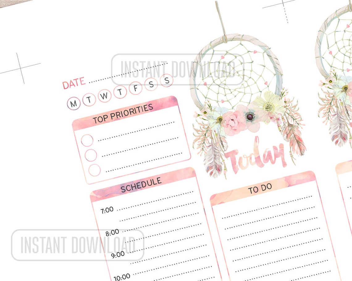 PERSONAL Daily Planner, Dreamcatcher Pink, Printable Pages, Watercolor ...
