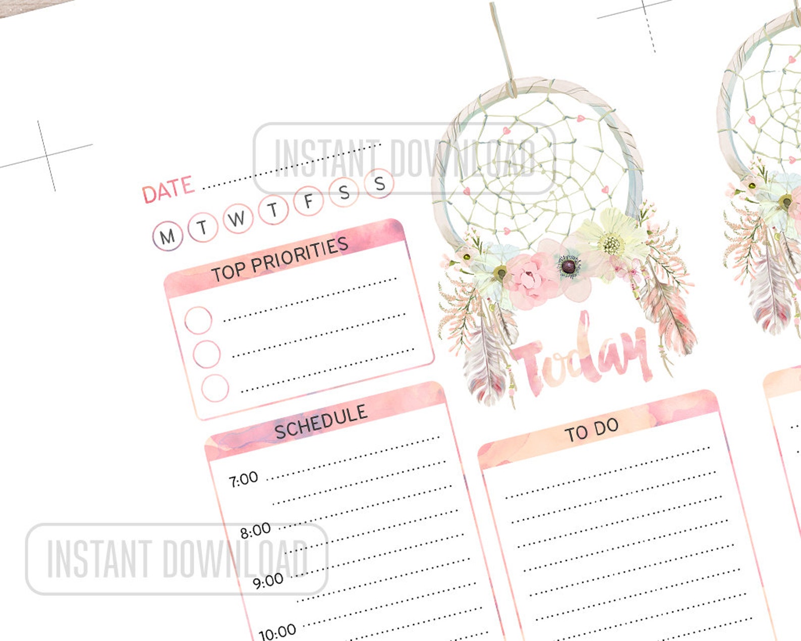 PERSONAL Daily Planner, Dreamcatcher Pink, Printable Pages, Watercolor ...