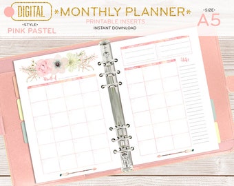 A5 Monthly planner, printable pages, organizer spread inserts, half, digital watercolor florals boho, instant download 002OR M PINK pastel