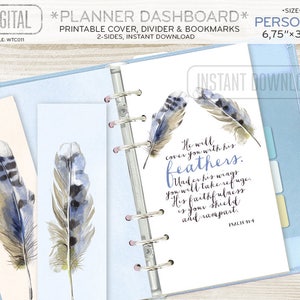 May include: Digital planner dashboard with printable cover, divider, and bookmarks. The design features watercolor feathers in shades of blue and gray, with the text "He will cover you with his feathers." The planner size is 6.75" x 3.75".