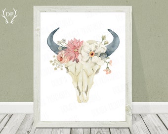 Bull skull flowers printable tribal nursery wall art buffalo desert queen ann's lace dahlia roses children home decoration wall art print