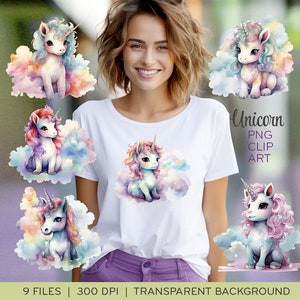 Eenhoorn illustraties, eenhoorns afbeeldingen, magische regenboog, cartoon sublimatie t-shirt, transparante PNG achtergrond, direct downloaden. 0032TS B