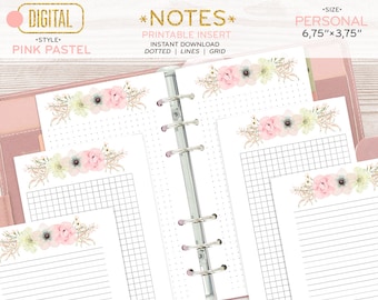 PERSONAL size planner, Notes printable pages, dotted grid lined to do list, pink florals bohemian instant download 002OR E BOHO pink pastel
