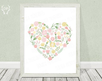 Floral heart, printable love wall art, home decor, flower wreath, pastel pink girly, art print instant download