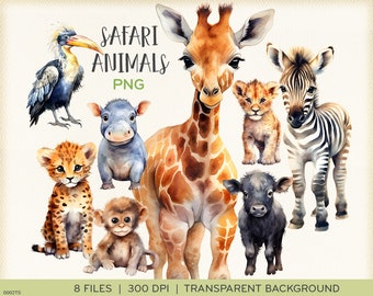 Acuarela safari bebé animales clip art PNGs, león, leopardo, cebra, hipopótamo, jirafa, mono, fondo transparente, descarga instantánea. 0002TS