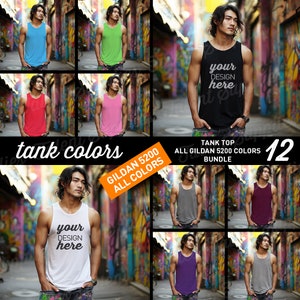 Tank all colors man mockup BUNDLE, asian men model mock-up, unisex tank top, gildan 5200 mock color chart. Instant download. 0019MO W