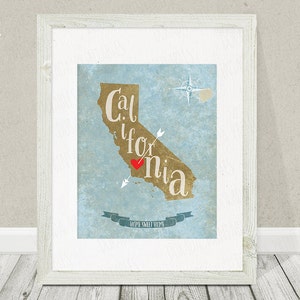 Kalifornien Kunstdruck | Auf Wunsch personalisierbar | Zustandskarte | Country Print | US Kalifornien Karte | Wandkunst digitales Poster