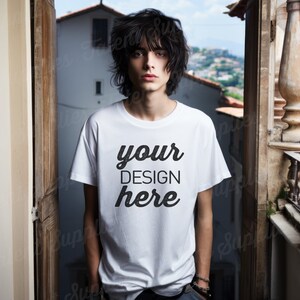 Maqueta de camiseta blanca para niño, hombre adolescente flaco camiseta de villa italiana bella canvas 3001 foto de estudio, ropa gildan 5000 Descarga instantánea. 0020MOF
