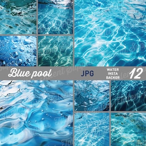 Puede incluir: Una colección de doce imágenes digitales que presentan diversas texturas de agua. Las imágenes muestran los efectos del agua, incluyendo ondulaciones, reflejos y gotas. El texto "Blue pool" y "Water Insta Backgr" es visible.