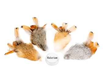 Valerian Filled Rabbit Fur Mouse Shaped Cat Toy with Pheasant Feather teaser attachment