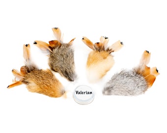 Valerian Filled Rabbit Fur Mouse Shaped Cat Toy with Pheasant Feather Tail | Fishing Pole Attachment | Handmade in UK
