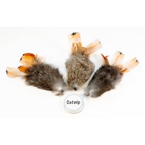 Catnip Filled Rabbit Fur Mouse Shaped Cat Toy with Pheasant Feather Tail | Fishing Pole Attachment | Handmade in UK
