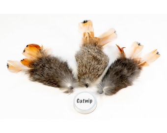 Catnip Filled Rabbit Fur Mouse Shaped Cat Toy with Pheasant Feather Tail | Fishing Pole Attachment | Handmade in UK