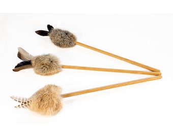 Cat Toy Teaser Stick Feather and Ethically Sourced Rabbit Fur Natural Interactive Play PomPom Design, Sustainable Wood, Handmade in UK