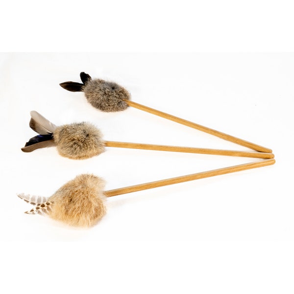 Cat Toy Teaser Stick Feather and Ethically Sourced Rabbit Fur Natural Interactive Play PomPom Design, Sustainable Wood, Handmade in UK
