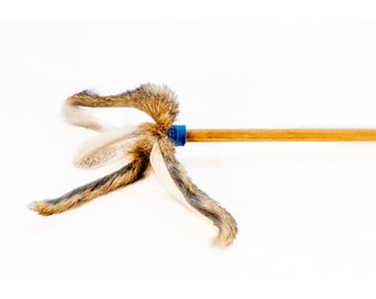 Cat toy teaser stick feather and rabbit fur natural interactive play dangly strip design, Sustainable Wood, Handmade in UK