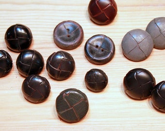 14 Vintage Leather Buttons - Variety of Sizes, Shapes, Styles and Color Variations - Bulk Lot