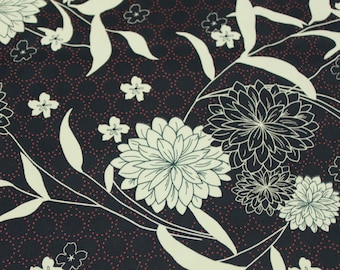 2 7/8 Yards Floral Botanical Print Fabric - 60" wide - Black, Ivory/Cream & Red Woven Rayon Floral Branch Abstract - Koshibo Print