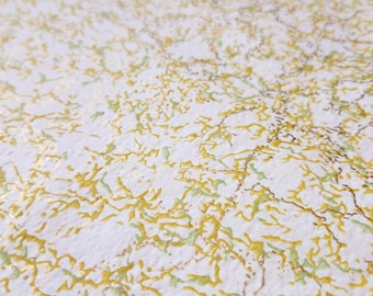 Vintage MCM Tapete Grün-Gold Metallic Splatter auf cremefarbenem Faux Finish Dimensional Painted Effect