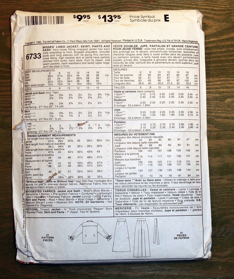 Size 12 UNCUT Pattern printed 1993 Skirt Pant Pattern #6733 McCall/'s Jacket