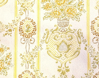 Vintage Floral Stripe Wallpaper Gelb Grün Braun Blumenstrauß auf Creme Weiß, 1970er Jahre Nicht Kleister Papier Wandbespannung lose Ware oder Rolle