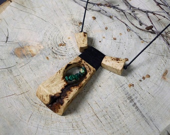 wooden necklace, pendant - natural wooden jewelery - with gemstone