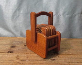 Teak Coaster Set With Caddy, Six Coasters, 1980's