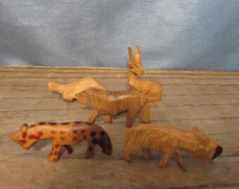 Vintage Hand Carved Wood Animals, Small, Set of Five - Antelope, Leopard, Lion, Turtle, Warthog