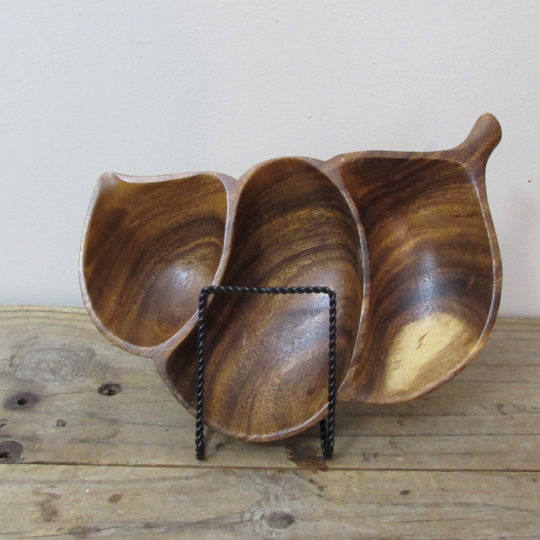 Monkey Pod Wood Divided Snack Bowl, Hand Crafted, Signed by Artist