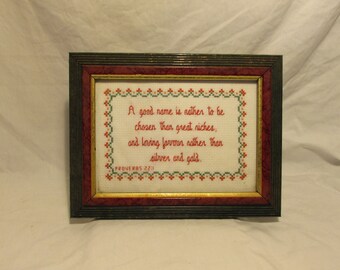 Embroidery Piece, Framed, Proverbs 22:1, Hand Made, Red Lettering, Red/Green/Gold Border