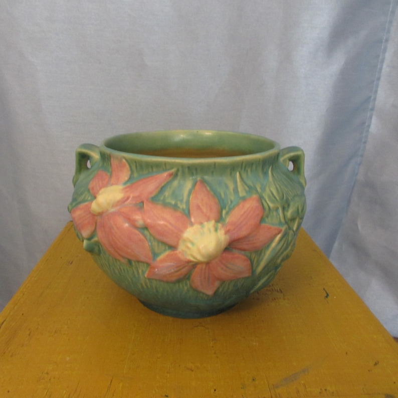Roseville Pottery Vase #667-5 1960/'s USA Hand Painted Green and Pink Clematis Collectable