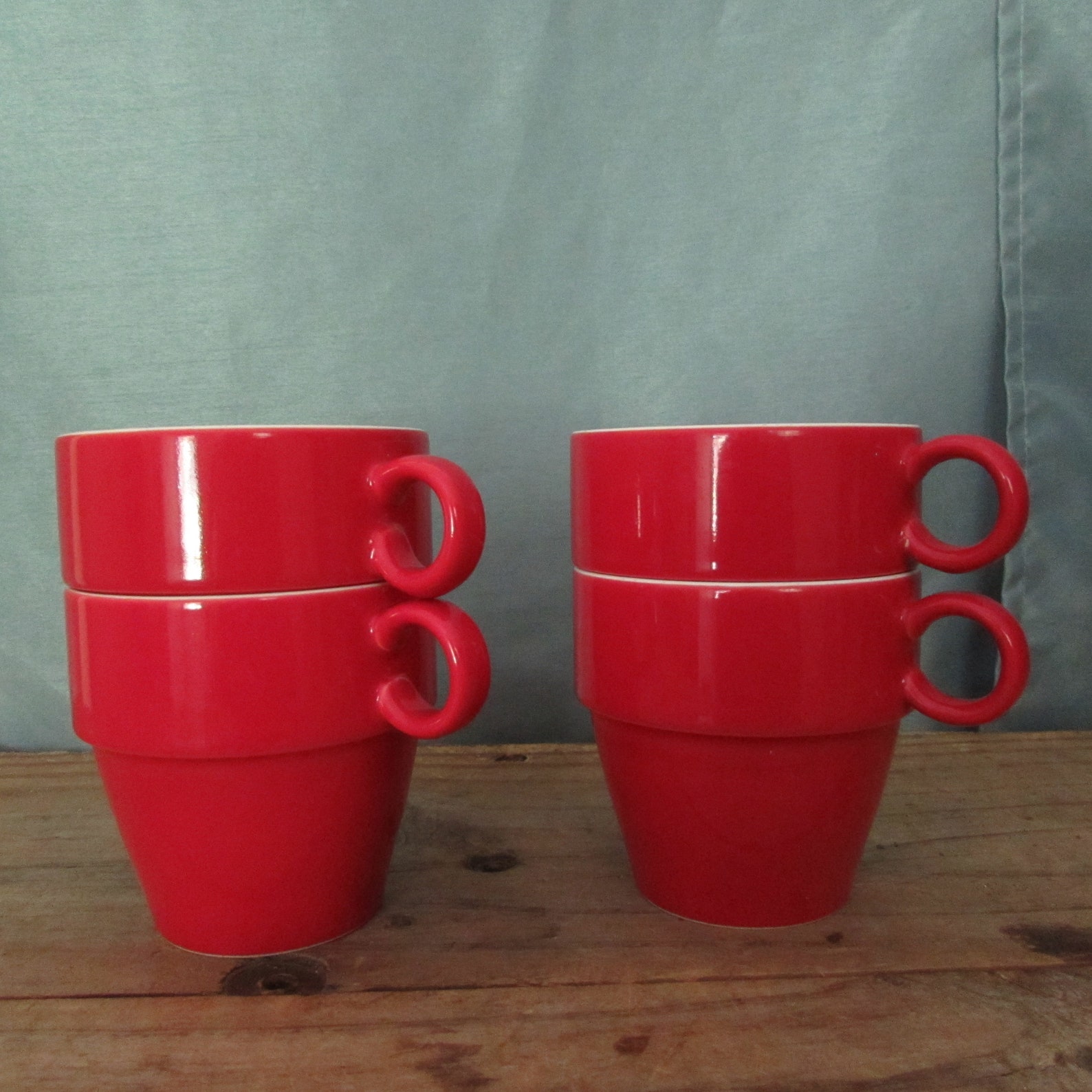 Stacking Mugs Set of Four Red and White Porcelain Ceramic Etsy