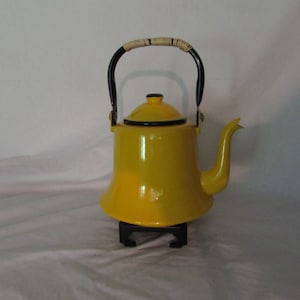 Vintage Tea Kettle, Porcelain Enamel, Yellow With Black, Japan