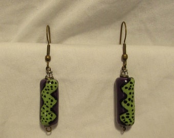 Earrings, Pierced, French Wires, Hand Made/Hand Painted, Ceramic Beads, Purple/Green/Black, SHIPS FREE!