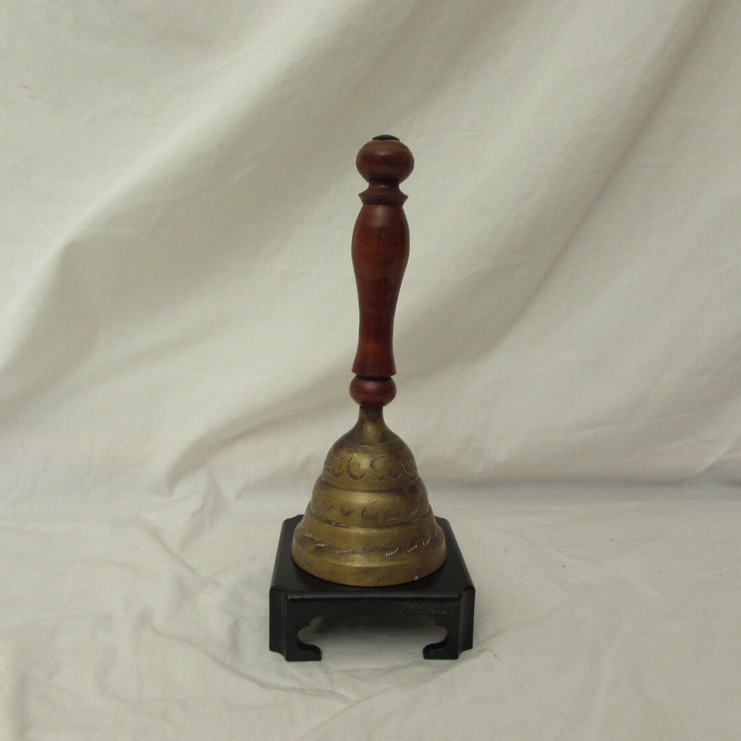 Brass Hand Bell, Wooden Handle, Etched Brass, Lovely Patina, 