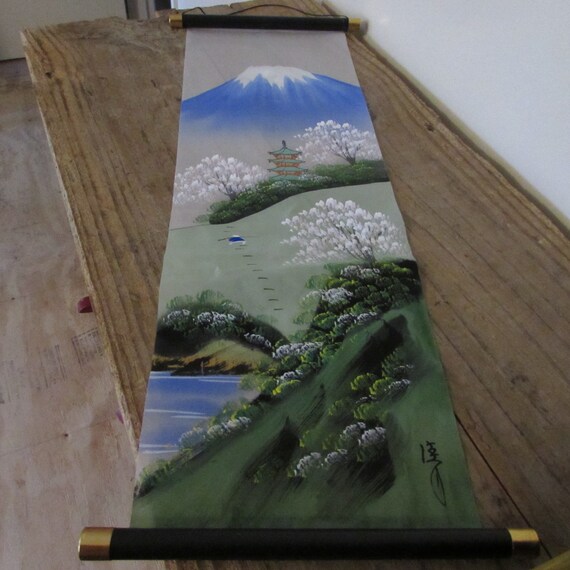 Asian Hand Painted Scroll Wall Hanging Landscape Signed Etsy