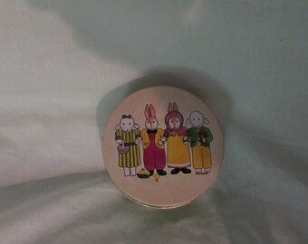 Vintage Tin, Bunny, Bunny Family, Round, Green and Pink,