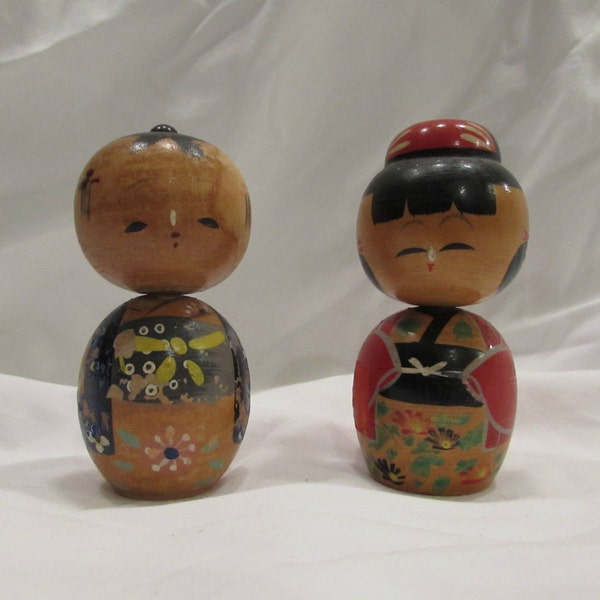 Wood Nodder/Bobble Head Dolls, Kokeshi Dolls, Set of Two, Man & Woman, Japanese Toys, Hand Painted, Collectable, 1930's or 1940's
