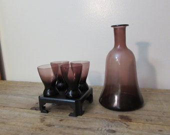 Vintage Cordial Decanter and Four Glasses, Purple Glass, Totally Lovely