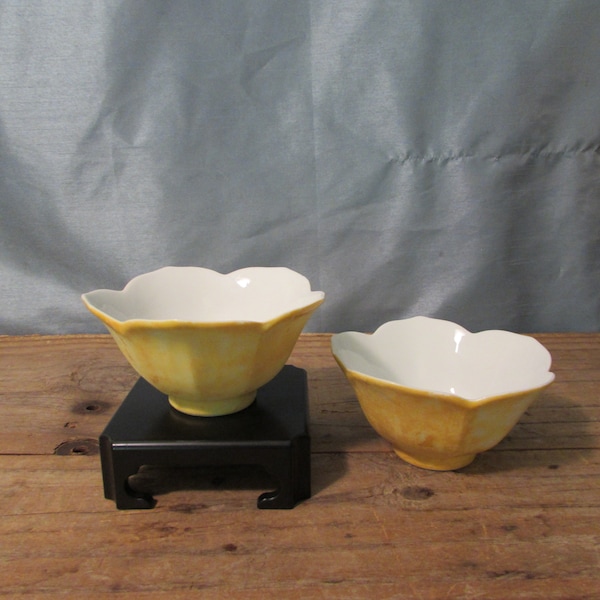 Lotus Bowls, Noodle Bowls, Lot of Two, Porcelain, White and Yellow, Japan